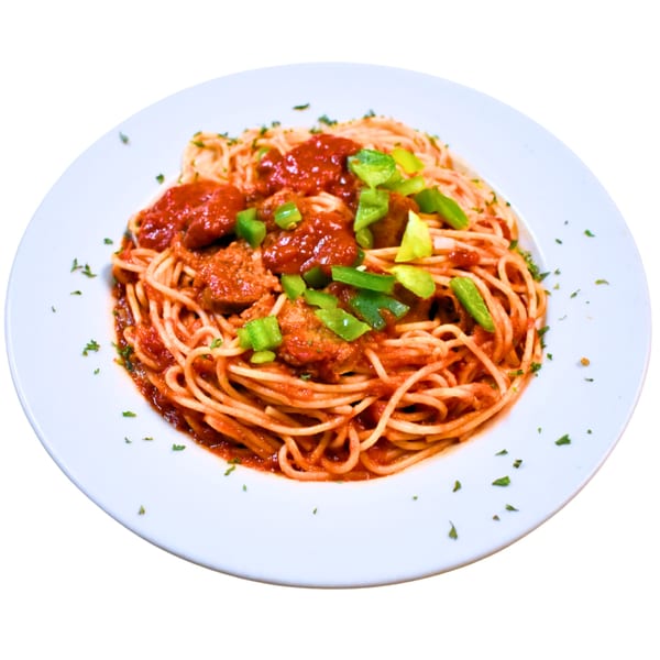 Amore Pasta & Pizza's spaghetti with meatballs, red sauce, and green bell peppers on a white plate.