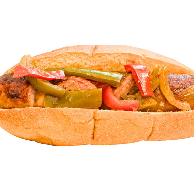 Sausage & Peppers Sandwich With Fries.